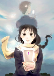 Rule 34 | bad id, bad pixiv id, braid, cellphone, nsk, phone, projected inset, scarf, sky, solo, surprised