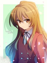 Rule 34 | 1girl, aisaka taiga, black ribbon, blazer, border, brown eyes, brown hair, buttons, closed mouth, collared shirt, copyright name, double-breasted, green background, hair between eyes, jacket, long hair, long sleeves, looking at viewer, neck ribbon, oe2, oohashi high school uniform, outside border, petals, red jacket, ribbon, school uniform, shadow, shirt, simple background, solo, toradora!, twitter username, upper body, v-shaped eyebrows, white border, white shirt