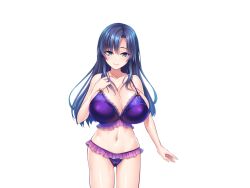 Rule 34 | 1girl, arm at side, bra, breasts, cleavage, cowboy shot, female focus, frilled panties, frills, game cg, groin, hand on own chest, hand up, large breasts, legs, long hair, looking at viewer, navel, original, panties, purple hair, saxasa kisuk, simple background, smile, solo, standing, tachi-e, thighs, transparent background, underwear, underwear only, yandere na majo sanshimai ni shinuhodo aishi tsukusareru isekai seikatsu