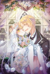 Rule 34 | 1boy, 1girl, :d, :o, bell, blonde hair, blush, bouquet, bow, bowtie, bridal veil, carrying, choker, closed eyes, collar, couple, dress, earrings, flower, gloves, hetero, highres, husband and wife, jewelry, long hair, open mouth, original, petals, princess carry, sian (jred344), smile, thighhighs, tuxedo, veil, wedding dress, white hair, white thighhighs, yellow eyes
