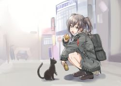 Rule 34 | 1girl, absurdres, black cat, black eyes, black hair, building, burger, can, canned coffee, car, cat, commentary request, drink can, food, highres, holding, holding food, hood, hooded jacket, idolmaster, idolmaster cinderella girls, jacket, long hair, looking at viewer, mask, mask pull, mole, mole under eye, motor vehicle, mouth mask, noir socery777, open mouth, sharp teeth, sketch, solo, squatting, sunazuka akira, surgical mask, teeth, twintails