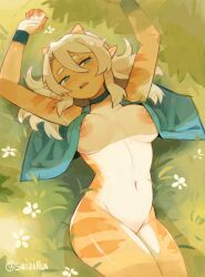 Rule 34 | 1girl, ahoge, animal ears, arms up, artist name, ayu (sui (suizilla)), black choker, blonde hair, blush, bottomless, breasts, choker, cowboy shot, cropped jacket, day, grass, green jacket, groin, hair between eyes, highres, horns, jacket, large breasts, long hair, looking at viewer, lying, navel, nipples, on back, open mouth, original, outdoors, pointy ears, smile, solo, striped skin, sui (suizilla), teeth, upper teeth only, wrist cuffs