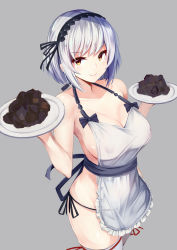 Rule 34 | &gt;:), 1girl, apron, azur lane, bare shoulders, black hairband, black panties, blush, breasts, brown eyes, cleavage, closed mouth, collarbone, commentary request, food, frilled apron, frills, grey background, hairband, highres, holding, holding plate, irohara, large breasts, looking at viewer, nearly naked apron, nipples, panties, plate, see-through, short hair, side-tie panties, silver hair, simple background, sirius (azur lane), smile, solo, thighhighs, underwear, v-shaped eyebrows, white apron, white thighhighs