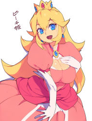 Rule 34 | 1girl, :d, bad id, bad twitter id, blonde hair, blue eyes, breasts, cleavage, cleavage cutout, clothing cutout, crown, dress, earrings, elbow gloves, gloves, hand on own chest, jewelry, large breasts, long hair, looking at viewer, mario (series), metata, nintendo, open mouth, pink dress, princess peach, simple background, smile, solo, teeth, upper teeth only, white background, white gloves