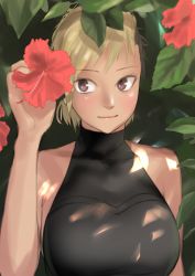 Rule 34 | 1girl, bare arms, bare shoulders, blonde hair, blush, breasts, brown eyes, closed mouth, flower, hand up, highres, holding, holding flower, kilye kairi, looking at viewer, medium breasts, original, red flower, short hair, smile, solo, upper body