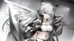 Rule 34 | 1girl, animal ears, arknights, bandeau, black jacket, commentary request, grey eyes, grey hair, highres, holding, holding sword, holding weapon, jacket, lappland (arknights), long hair, looking at viewer, midriff, navel, open clothes, open jacket, over shoulder, solo, stomach, strapless, sword, tube top, upper body, very long hair, weapon, weapon over shoulder, wolf ears, yokaze (yokajie)