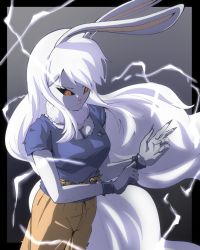 Rule 34 | armband, black sclera, carrot (one piece), colored sclera, cosplay, electricity, fingernails, long hair, one piece, rabbit ears, rabbit girl, red eyes, sharp fingernails, son goku, sulong form, torn clothes, very long hair, very long tail, white hair