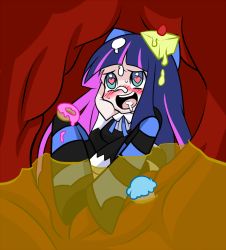 Rule 34 | 10s, 1girl, blue eyes, blue hair, blush, bow, cake, doughnut, dress, food, hair bow, heart, heart-shaped pupils, long hair, matching hair/eyes, multicolored hair, open mouth, panty &amp; stocking with garterbelt, pink hair, refuto, solo, stocking (psg), striped clothes, striped thighhighs, symbol-shaped pupils, teeth, thighhighs, two-tone hair, vore