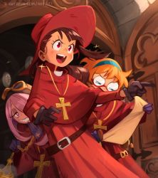 Rule 34 | 3girls, belt, brown hair, cosplay, cross, glasses, gloves, goggles, goggles on headwear, hair over one eye, half-closed eyes, highres, kagari atsuko, khyle., little witch academia, lotte jansson, monty python, multiple girls, red robe, robe, scroll, spanish inquisition, sucy manbavaran