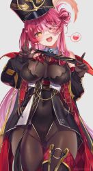 Rule 34 | 1girl, :d, black hat, black jacket, breasts, brown gloves, brown pantyhose, cleavage, covered navel, gloves, hat, head tilt, heart, heterochromia, highres, hololive, houshou marine, houshou marine (marching band), jacket, large breasts, long hair, long sleeves, multicolored hair, open clothes, open jacket, open mouth, pantyhose, puffy long sleeves, puffy sleeves, red eyes, red hair, see-through, see-through cleavage, shako cap, shuri (84k), simple background, smile, solo, spoken heart, streaked hair, very long hair, virtual youtuber, white hair, yellow eyes