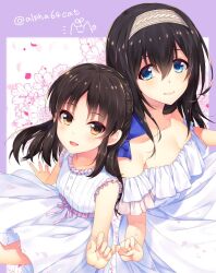 Rule 34 | 2girls, alpha (yukai na nakamatachi), arm support, bare shoulders, black hair, blue eyes, blue ribbon, blush, bow, breasts, brown eyes, cleavage, collarbone, detached sleeves, dress, dress bow, falling petals, floral background, frilled dress, frilled sleeves, frills, from above, grid background, hair between eyes, hair ribbon, hairband, idolmaster, idolmaster cinderella girls, idolmaster cinderella girls starlight stage, large breasts, long hair, looking at viewer, looking up, multiple girls, open mouth, outside border, petals, pink bow, pinky swear, purple background, ribbon, sagisawa fumika, short sleeves, sitting, sleeveless, sleeveless dress, small breasts, smile, striped clothes, striped dress, tachibana arisu, twitter username, white dress