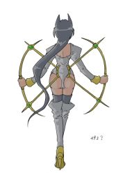 Rule 34 | 1girl, arceus, ass, back, backless outfit, boots, commentary, creatures (company), crossed legs, facing away, floating hair, from behind, full body, game freak, gen 4 pokemon, grey thighhighs, hair flaps, high heel boots, high heels, holding, legendary pokemon, leotard, long hair, long sleeves, mamecho (ageatcosh), mythical pokemon, nintendo, personification, pokedex number, pokemon, pokemon dppt, puffy long sleeves, puffy sleeves, simple background, sleeves past wrists, solo, standing, straight hair, thigh boots, thigh gap, thighhighs, very long hair, watson cross, white background, white footwear, white leotard
