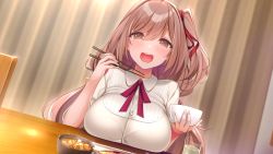 Rule 34 | 1girl, azarashi soft, blush, bow, bowl, bowtie, breast rest, breasts, brown eyes, brown hair, chair, chopsticks, female focus, food, game cg, hands up, happy, highres, holding, holding bowl, holding chopsticks, indoors, large breasts, light blush, long hair, looking at viewer, matching hair/eyes, mole, mole under eye, one side up, open mouth, osananajimi no iru kurashi, red bow, red bowtie, sakurazawa mayuki, side ponytail, sitting, smile, solo, table, teeth, upper body, upper teeth only, yaman