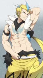 Rule 34 | 1boy, abs, absurdres, aqua eyes, aqua hair, arm behind head, armband, bara, bare pectorals, black jacket, blonde hair, chest tattoo, closed mouth, commission, creatures (company), cropped jacket, game freak, gen 7 pokemon, highres, jacket, kuroshinki, large pectorals, legendary pokemon, long sideburns, looking at viewer, male focus, multicolored hair, muscular, muscular male, mythical pokemon, navel, nintendo, nipples, open clothes, open jacket, pants, pectorals, personification, pokemon, short hair, sideburns, sleeveless, sleeveless jacket, solo, streaked hair, tail, tattoo, two-tone hair, veins, veiny arms, yellow pants, zeraora