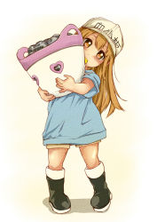 Rule 34 | 10s, 1girl, black footwear, blue shirt, blush, boots, brown eyes, brown hair, brown shorts, character name, commentary request, flat cap, full body, hair between eyes, hat, hataraku saibou, head tilt, holding, knee boots, long hair, looking at viewer, mouth hold, platelet (hataraku saibou), rizzl, shirt, short shorts, short sleeves, shorts, solo, standing, very long hair, whistle, white background, white hat