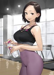 Rule 34 | 1girl, blush, bottle, breasts, brown eyes, brown hair, commentary, contrapposto, cowboy shot, fingernails, ganbare douki-chan, high-waist pants, highres, holding, holding bottle, indoors, jewelry, large breasts, looking at viewer, midriff, open mouth, pants, pendant, senpai-san (douki-chan), smile, solo, sports bra, sportswear, sweat, teeth, upper teeth only, yoga pants, yomu (sgt epper)
