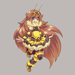 Rule 34 | 1girl, absurdly long hair, antennae, arthropod girl, bee girl, blue eyes, brown hair, detached sleeves, flat chest, frilled skirt, frills, full body, fur collar, goggles, goggles on head, highres, insect girl, long hair, maniacpaint, monster girl, original, pantyhose, simple background, skirt, smile, solo, striped clothes, striped legwear, striped pantyhose, striped sleeves, very long hair