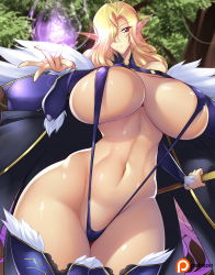 Rule 34 | 1girl, breasts, cleavage, curvy, elf, energy, forest, haganef, highres, huge breasts, long hair, magic, misery stentrem, nature, pointy ears, revealing clothes, shiny skin, tree, very long hair, wide hips, youkoso! sukebe elf no mori e