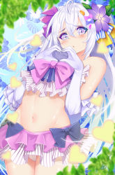 Rule 34 | 1girl, :o, absurdres, ahoge, azusa (blue archive), azusa (swimsuit) (blue archive), bare shoulders, bikini, blue archive, blurry, blurry foreground, blush, bow, commentary, cowboy shot, crossed bangs, elbow gloves, flower, frilled sleeves, frills, gloves, hair between eyes, hair flower, hair ornament, hands up, heart, heart hands, highres, leaf, long hair, looking at viewer, looking to the side, makumaxu, miniskirt, navel, open mouth, panties, pantyshot, pink bow, purple bow, purple eyes, skirt, solo, sparkling eyes, striped clothes, striped skirt, sweatdrop, swimsuit, underwear, vertical-striped clothes, vertical-striped skirt, white gloves, white hair, white panties