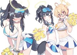 Rule 34 | 2girls, ahoge, animal ears, bare shoulders, black hair, blonde hair, blue archive, blush, breasts, cleavage, cowboy shot, crop top, detached collar, dog ears, dog girl, dog tail, glasses, goyain, grey eyes, halo, hibiki (blue archive), hibiki (cheer squad) (blue archive), highres, holding, holding pom poms, kotori (blue archive), kotori (cheer squad) (blue archive), long hair, looking at viewer, looking to the side, low twintails, medium breasts, midriff, millennium cheerleader outfit (blue archive), miniskirt, multiple girls, navel, open mouth, pom pom (cheerleading), pom poms, ponytail, red eyes, semi-rimless eyewear, skirt, small breasts, tail, twintails, twitter, white background, white skirt