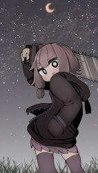 Rule 34 | 1girl, absurdres, arm up, black jacket, bright pupils, chainsaw, cowboy shot, crescent moon, from behind, grey hair, grey skirt, grey thighhighs, highres, holding, holding chainsaw, jacket, long sleeves, looking at viewer, looking back, medium hair, momomo gasshuukoku, moon, night, night sky, outdoors, pleated skirt, power tool, skirt, sky, solo, star (sky), starry sky, thighhighs, voiceroid, white pupils, yuzuki yukari