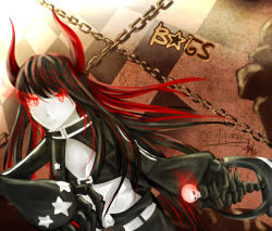 Rule 34 | 10s, 1girl, black gold saw, black hair, black rock shooter, fire, greatsword, king saw, non-web source, red eyes, solo, sword