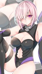 Rule 34 | 1girl, bad id, bad pixiv id, bare shoulders, black thighhighs, breasts, cleavage, elbow gloves, fate/grand order, fate (series), gloves, hair over one eye, highres, looking at viewer, mash kyrielight, purple eyes, purple hair, shisei (kyuushoku banchou), short hair, sitting, solo, thighhighs, twitter username, zoom layer