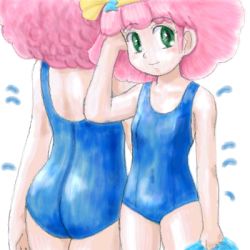 Rule 34 | 1girl, ass, blue one-piece swimsuit, blush, breasts, child, collarbone, flat chest, from behind, green eyes, hairband, holding, looking at viewer, lowres, magical girl, mahou no princess minky momo, minky momo, multiple views, oekaki, one-piece swimsuit, pink hair, school swimsuit, short hair, small breasts, smile, star (symbol), swimsuit, towel, wet, white background