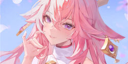 Rule 34 | 1girl, animal ears, bad link, cherry blossoms, close-up, crossed bangs, duplicate, earrings, fox ears, fox shadow puppet, genshin impact, hair between eyes, highres, jewelry, looking at viewer, parted lips, pink hair, pink nails, portrait, purple eyes, shirt, sleeveless, sleeveless shirt, smile, solo, ssr (azmr2828), white shirt, yae miko