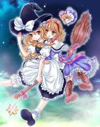 Rule 34 | 2girls, ahoge, alice margatroid, blonde hair, bloomers, blush, bow, broom, brown eyes, capelet, cloud, cross-laced footwear, doll, fairy wings, flying, frills, hair bow, hairband, hat, hat bow, hug, hug from behind, kirisame marisa, long hair, long sleeves, motatei, multiple girls, night, open mouth, puffy sleeves, sash, shanghai doll, short hair, short sleeves, sky, star (symbol), touhou, underwear, wings, witch hat, yellow eyes