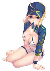 Rule 34 | 1girl, ahoge, arm between breasts, artoria pendragon (fate), bad id, bad pixiv id, baseball cap, between breasts, bikini, bikini in mouth, blonde hair, blue eyes, blue hat, blush, breasts, cleavage, clothes in mouth, collarbone, fate/grand order, fate (series), hair between eyes, hair through headwear, hat, highres, large breasts, long hair, looking at viewer, mysterious heroine x (fate), mysterious heroine xx (fate), navel, ponytail, shrug (clothing), side-tie bikini bottom, simple background, sitting, solo, suigetsu (hjs1106), swimsuit, thigh strap, untied bikini, white background, white bikini, yokozuwari