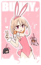 Rule 34 | 1girl, :d, alternate costume, animal ears, bare arms, bare shoulders, blonde hair, bow, chibi, chibi inset, chloe von einzbern, commentary, fake animal ears, fake tail, fate/kaleid liner prisma illya, fate (series), flat chest, hair between eyes, hair bow, hair over shoulder, hairband, heart, illyasviel von einzbern, leotard, long hair, looking at viewer, miyu edelfelt, open mouth, outline, pink background, pink eyes, pink hairband, pink leotard, playboy bunny, rabbit ears, rabbit tail, simple background, smile, solo focus, tail, v, white bow, white outline, wrist cuffs, yoru nai
