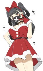 Rule 34 | 1girl, belt, black belt, black choker, black hair, blue archive, bow, choker, covered mouth, cowboy shot, dress, gloves, hair bow, hand on own hip, heart, highres, long hair, looking at viewer, mask, mouth mask, osame, red bow, red dress, red gloves, simple background, solo, sukeban (smg) (blue archive), two side up, v, white background