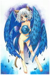 Rule 34 | 1girl, angel, angel wings, animal ears, barefoot, blue eyes, blush, cat ears, cat tail, censored, convenient censoring, embryo, emperpep, feathered wings, feathers, feet, fetus, flat chest, heterochromia, highres, multiple wings, nude, painting (medium), red eyes, seraph, short hair, solo, tail, traditional media, watercolor (medium), white hair, wings