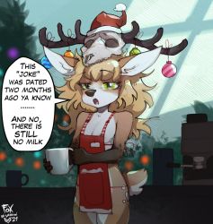 Rule 34 | 1girl, animal ears, antlers, apron, areola slip, blonde hair, breasts, christmas, christmas lights, christmas ornaments, cup, deer, deer antlers, deer ears, deer girl, deer tail, foxinshadow, furry, furry female, green eyes, hat, highres, horns, looking at viewer, mug, naked apron, open mouth, original, santa hat, skull, small breasts, solo, speech bubble, tail