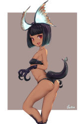 Rule 34 | 1girl, :d, absurdres, ass, bare shoulders, bikini, black bikini, black hair, blunt bangs, breasts, claws, covered erect nipples, dark-skinned female, dark skin, highres, looking at viewer, miao yao cha, mole, mole under eye, monster hunter, monster hunter: world, monster hunter (series), open mouth, personification, petite, red eyes, scales, short hair, smile, solo, swimsuit, tail, tongue, tongue out, tzitzi-ya-ku
