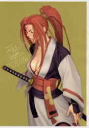 Rule 34 | 1girl, amputee, angry, arc system works, baiken, border, breasts, bridal gauntlets, cleavage, clenched teeth, covered erect nipples, facial mark, forehead mark, guilty gear, haori, japanese clothes, large breasts, lipstick, long hair, looking at viewer, looking back, makeup, no bra, obi, one-eyed, open clothes, open shirt, ponytail, profile, red eyes, red hair, red lips, samurai, sash, scan, scar, scrunchie, sheath, shirt, sidelocks, signature, simple background, solo, standing, sword, teeth, torn clothes, translation request, tsukasa jun, weapon, wide sleeves