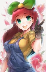 Rule 34 | 1girl, :d, blunt bangs, blush, breasts, brown gloves, collared shirt, colored eyelashes, denim, eyebrows, freckles, gloves, green eyes, green ribbon, hair ribbon, large breasts, long hair, looking at viewer, naso4, open mouth, overalls, penny (stardew valley), petals, red hair, ribbon, round teeth, shirt, short sleeves, simple background, smile, solo, star (symbol), stardew valley, tareme, teeth, thick eyebrows, upper body, v, white background, yellow shirt