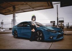 Rule 34 | 1girl, black footwear, black hair, black shorts, black thighhighs, blue archive, car, commission, ford, ford falcon, gas station, green eyes, grey hair, halo, highres, letterboxed, long hair, looking at viewer, midriff peek, motor vehicle, nougat (73r1r1), photo background, saki (blue archive), shadow, shorts, thighhighs, vehicle focus