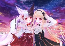 Rule 34 | 2girls, absurdres, alice mana, alice mana channel, animal ears, arm up, armpits, black hair, black skirt, blonde hair, blush, breasts, character request, cloud, detached sleeves, dusk, fox ears, fox girl, hairband, hakama, hakama short skirt, hakama skirt, hanajiang, highres, index finger raised, japanese clothes, long hair, low twintails, miko, multicolored hair, multiple girls, open mouth, outdoors, red skirt, shirt, skirt, sky, small breasts, smile, star (sky), starry sky, sunset, twintails, two-tone hair, v, very long hair, virtual youtuber, white hair, white shirt, white sleeves