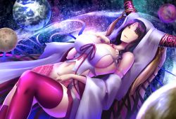 Rule 34 | 1girl, bare shoulders, blush, breasts, earth (planet), facial mark, fate/grand order, fate (series), female focus, forehead mark, hand on own chest, horn ornament, horn ring, horns, jewelry, large breasts, long hair, looking at viewer, lying, moon, navel, on back, parted lips, planet, purple hair, red thighhighs, sessyoin kiara, shiroshisu, sideboob, skindentation, smile, solo, star (symbol), thighhighs, thighs, yellow eyes
