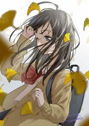 Rule 34 | 1girl, absurdres, backpack, bag, black eyes, black hair, blurry, blurry foreground, bow, bowtie, cardigan, commentary request, depth of field, floating hair, ginkgo tree, hand up, highres, leaf, long hair, long sleeves, one eye closed, original, parted lips, red bow, red bowtie, sako (35s 00), school uniform, serafuku, signature, solo, wind