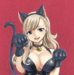 Rule 34 | 1girl, animal ears, animal gloves, animal hands, bell, blonde hair, blue eyes, breasts, cat ears, cat paws, cat tail, cleavage, collar, earrings, eden&#039;s zero, fake animal ears, gloves, head tilt, jewelry, large breasts, long hair, looking at viewer, mashima hiro, neck bell, official art, paw gloves, rebecca bluegarden, red background, simple background, smile, solo, swept bangs, tail, upper body