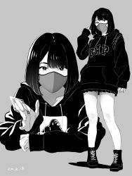 Rule 34 | 1girl, ankle boots, bob cut, boots, closed mouth, covered mouth, cross-laced footwear, dated, full body, grey background, greyscale, hand up, highres, holding, holding money, hood, hood down, hoodie, long sleeves, looking at viewer, mask, medium hair, miniskirt, money, monochrome, mouth mask, multiple views, original, pigeon-toed, pleated skirt, print shirt, shirt, signature, simple background, skirt, upper body, yukiyoshi mamizu