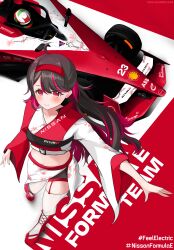 Rule 34 | 1boy, 1girl, absurdres, black shorts, boots, car, floating hair, formula e, formula racer, from above, garter straps, hairband, helmet, highres, hiroki tanabe, long hair, midriff, motor vehicle, multicolored hair, navel, nismo, nissan, personification, race vehicle, racecar, real life, red eyes, red footwear, red hair, red hairband, sacha fenestraz, shell (company), shirt, shorts, smile, streaked hair, thighhighs, v-shaped eyebrows, vehicle and personification, very long hair, white shirt, white thighhighs, wide sleeves