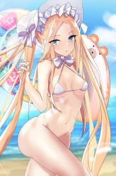 Rule 34 | 1girl, abigail williams (fate), abigail williams (swimsuit foreigner) (fate), absurdres, bad id, bad pixiv id, bare shoulders, beach, bikini, bikini top only, blonde hair, blue eyes, blue sky, bonnet, bottomless, bow, braid, breasts, fate/grand order, fate (series), forehead, hair bow, highres, innertube, long hair, looking at viewer, musicatopos, navel, parted bangs, sidelocks, sky, small breasts, solo, swim ring, swimsuit, twin braids, twintails, very long hair, white bikini, white bow, white headwear