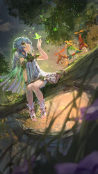 Rule 34 | 1girl, absurdres, arakavi (genshin impact), arama (genshin impact), aranara (genshin impact), arapandu (genshin impact), blurry, blurry foreground, braid, bug, butterfly, cape, closed mouth, cloud, commentary, creature, crystalfly (genshin impact), dress, fallen tree, genshin impact, green eyes, hair ornament, highres, insect, leaf hair ornament, long hair, nahida (genshin impact), scenery, sleeveless, sleeveless dress, smile, stirrup footwear, sunset, tree, white dress, white footwear, white hair, wide shot, yu hydra