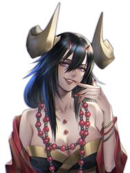 Rule 34 | 1girl, bare shoulders, black hair, bracelet, breasts, cleavage, curled horns, highres, horns, jewelry, large breasts, lipstick, makeup, necklace, oni horns, original, parted lips, purple hair, red nails, simple background, smile, solo, stf amagihana, white background, wide sleeves