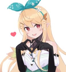 Rule 34 | 1girl, bare shoulders, blonde hair, blush, bow, butterfly hair ornament, green bow, hair bow, hair ornament, heart, heart hands, highres, lolowv, long hair, looking at viewer, nijisanji, nijisanji en, open mouth, pointy ears, pomu rainpuff, pomu rainpuff (1st costume), red eyes, simple background, smile, solo, upper body, virtual youtuber, white background