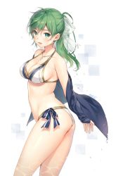 Rule 34 | 1girl, artist name, bikini, breasts, cleavage, contrapposto, from side, green eyes, green hair, hair ribbon, jewelry, long hair, looking at viewer, medium breasts, necklace, off shoulder, original, ponytail, ribbon, rosary, side-tie bikini bottom, simple background, smile, solo, standing, swimsuit, tokki, wet, white bikini